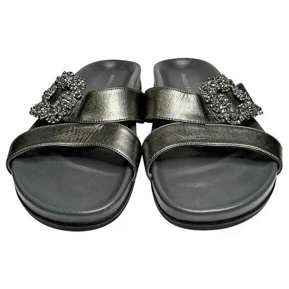 Manolo Blahnik Chilanghi Satin Jewel Buckle Flat Mules Silver EU 39 Slip On
